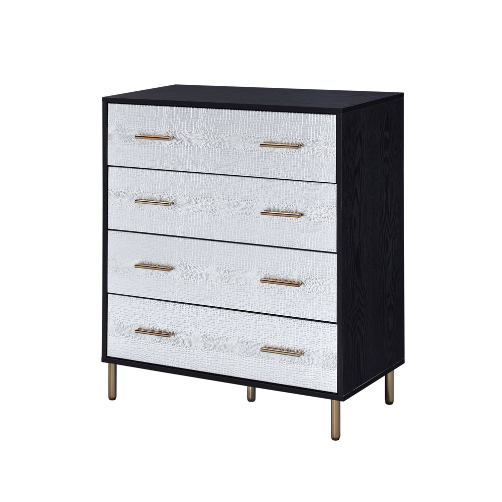 English Elm Black Black and Silver 4-Drawer Chest with Gold Legs Champagne Faux Crocodile Fronts Elegant Storage B062P209044