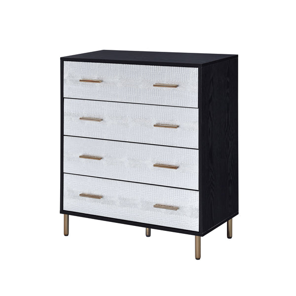 English Elm Black Black and Silver 4-Drawer Chest with Gold Legs Champagne Faux Crocodile Fronts Elegant Storage B062P209044