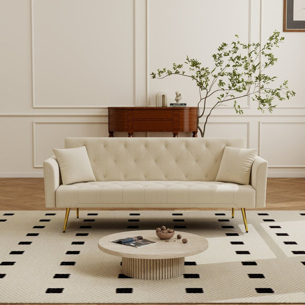 English Elm Modern Tufted Velvet Sleeper Sofa Retro Style Convertible Fold Flat for Compact Spaces Beige W2353P399441