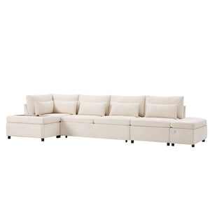 English Elm [video]107'' Chenille Sleeper Sectional with Usb Charging Storage Ottoman and Adjustable Armrest Beige N723S8782A