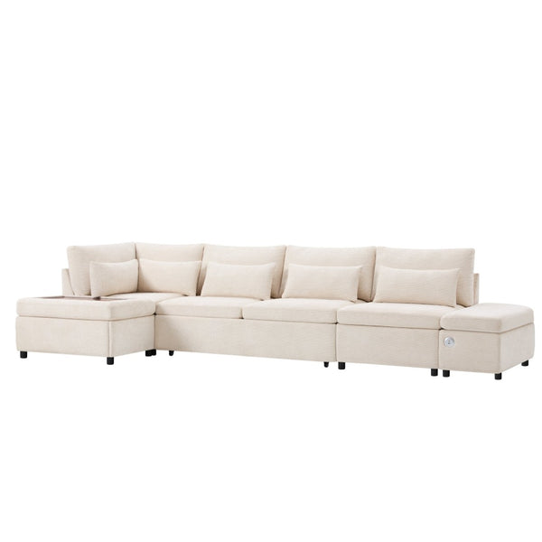English Elm [video]107'' Chenille Sleeper Sectional with Usb Charging Storage Ottoman and Adjustable Armrest Beige N723S8782A