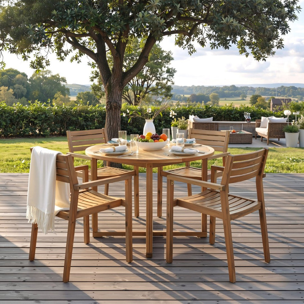 English Elm U_style Solid Acacia Wood Round Outdoor Dining Set Seats Four with Slatted Design Natural WY000475AAO