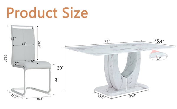 English Elm Table Modern Marble Pattern 9-Piece Dining Set – 71" Tempered Glass Table & 8 Light Gray Chairs W1151S02121-GIGA