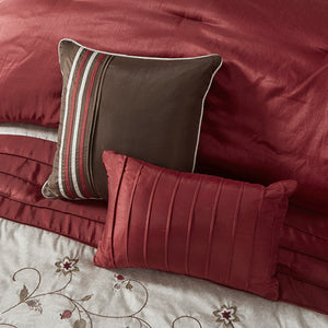 JLA Home Madison Park - Embroidered 7-Piece Comforter Set with Dupioni Sheen, Color-Blocked Taupe & Chocolate Accents, Floral Embroidery Red MP10-307