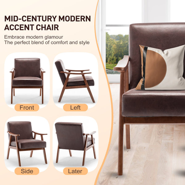 English Elm Mid-Century curved armchair with solid wood frame, extra-thick backrest, comfy lounge seat for home decor Dark Brown W2200P186179