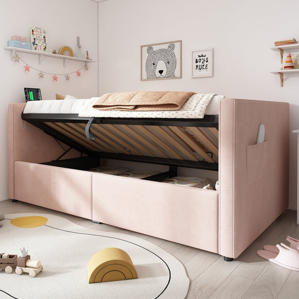 English Elm Upholstered Twin Daybed with Hydraulic Storage, Velvet Tufted Sofa Back, USB & Type-C Charging Port Pink N736P303402P