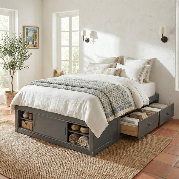 English Elm Queen Platform Bed with Four Storage Drawers Footboard Cubby Modern Low Profile Frame Gray LP000138AAE