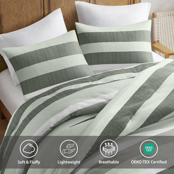 JLA Home Regency Heights - Stripe Seersucker Comforter Set with Reversible Striped and Botanical Prints, Lightweight Oeko-Tex Certified Sage RH10-0014