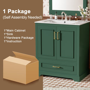 English Elm 30" Modern Bathroom Vanity with Ceramic Sink, Soft-Close Doors, Divided Drawer & Dual Door Shelves Green N729P321376F
