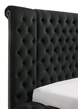 English Elm Luxurious Round Queen Bed with Velvet Tufted Headboard, Studded Accents and Hidden Storage Space Black 40.5 L x 72 W x 9 H B011S01649
