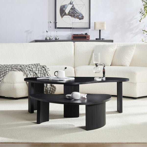 English Elm 2-piece Asymmetrical Nesting Coffee Table Set Sculptural Mdf Organic Shapes Living Room Black W2582P402266