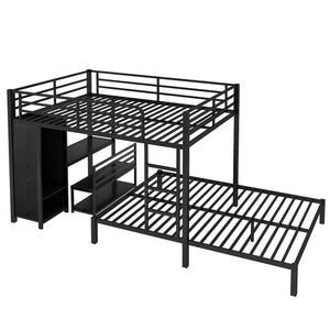 English Elm Queen Over Queen Bunk Bed Frame With Desk, Storage Chairs & Wardrobe – Space-Saving Black Design W1580S00110-GIGA