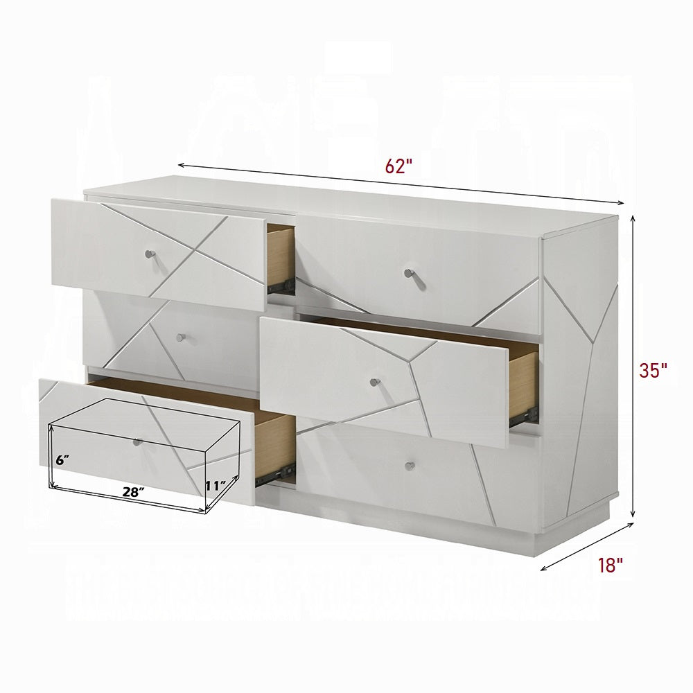 English Elm Ultra Modern white and silver 6-drawer dresser with embossed lines, smooth metal glides, luxe knobs Glossy White 66 L x 22 W x 40 H B2741P408966