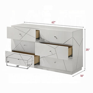 English Elm Ultra Modern white and silver 6-drawer dresser with embossed lines, smooth metal glides, luxe knobs Glossy White 66 L x 22 W x 40 H B2741P408966