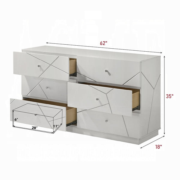English Elm Ultra Modern white and silver 6-drawer dresser with embossed lines, smooth metal glides, luxe knobs Glossy White 66 L x 22 W x 40 H B2741P408966