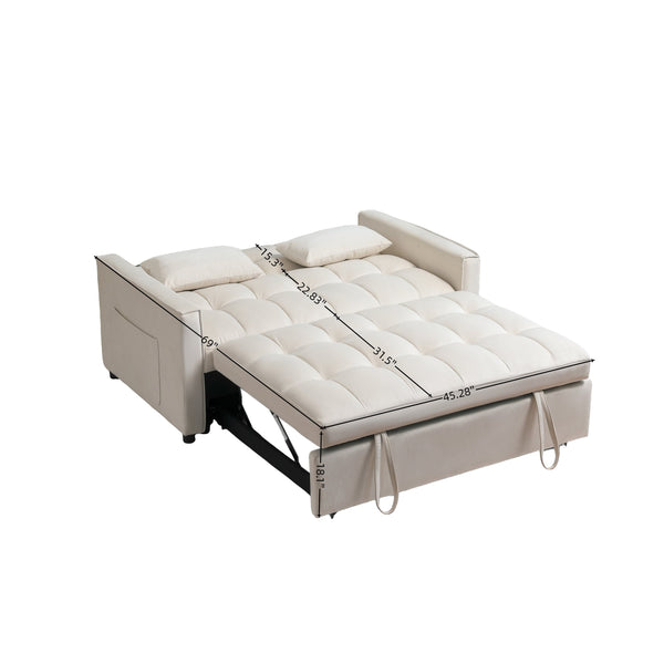 English Elm Sleeper 3-in-1 Velvet Pull-Out Sofa Bed with Adjustable Backrest, Storage Pockets, 2 Pillows, Cream W3138P281697