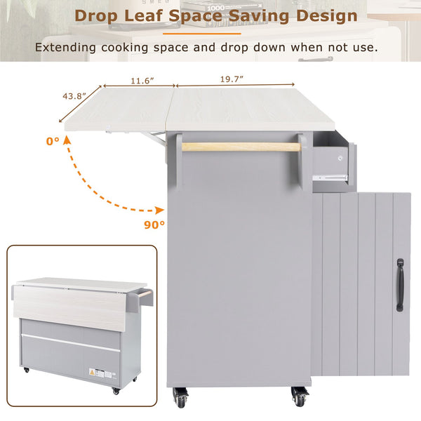 English Elm K&K Kitchen Island with Tilt-Out Trash Can, Drop Leaf Counter, Adjustable Shelf, Rolling Cart Grey WF326381AAG