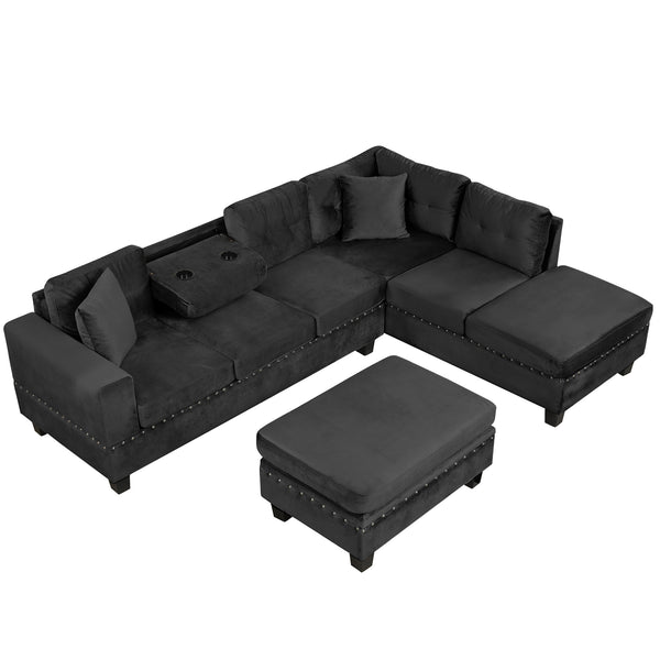 English Elm 105" Modern Velvet Sectional Sofa with Storage Ottoman, Reversible Chaise, Cup Holders & Pillows Black N719S000580B