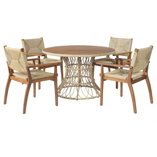 English Elm 5-piece Outdoor Dining Set Round Acacia Wood Table with Handwoven Wicker Armchairs Teak N770PS5345269T