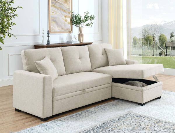 English Elm Upholstered Sleeper Sofa with Chaise & Under-Seat Storage, Reversible L/R, Modern Compact Design Beige B355S00005