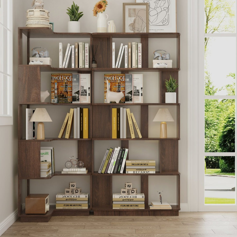 English Elm Set of 2 Modular Corner Bookcases L Shaped and I Space Saving Home Office Shelving Dark Brown W2899S00004