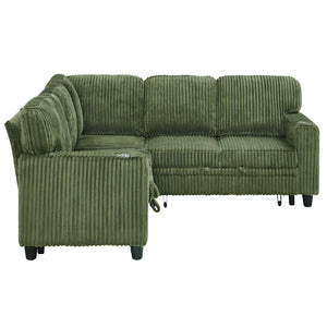 English Elm L-shaped Sectional Sleeper Sofa with Hidden Storage Usb Charging Corduroy Upholstery Olive Green W1998S00095