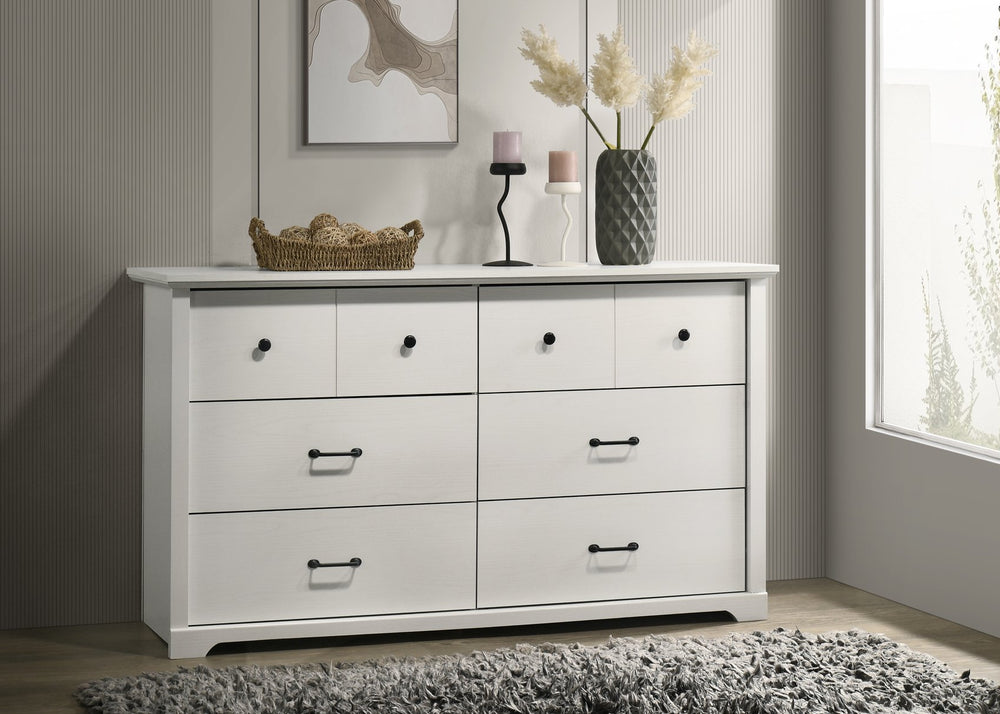 English Elm Elara 6-Drawer Dresser 57" Wide — Modern Black Metal Pulls, Reinforced Drawers & Safety Anchor White B061P360305