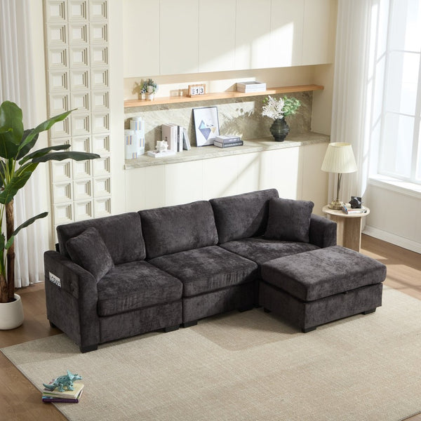 English Elm Modern Chenille L-shaped Sectional with Usb Charging Ottoman Storage Living Room Couch Black W2120S00014