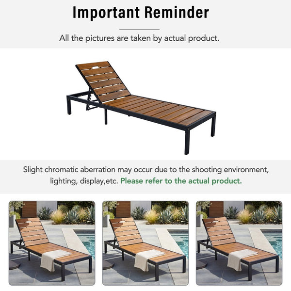 English Elm Outdoor Acacia Wood Slat Chaise Lounge with Powder Coated Frame for Patio Resort Black+Natural N719P383161B