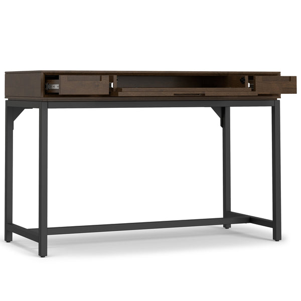 English Elm Banting Mid Century Small Desk in Walnut Brown – Solid Rubberwood, Metal Base, 2 Drawers + Keyboard Tray B136P283768