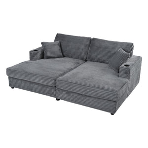 English Elm 86.5" Oversized Loveseat Chaise Lounge Sectional Sofa Bed Corduroy with USB Ports, Cup Holders & Pillows Dark Gray N719P232602R
