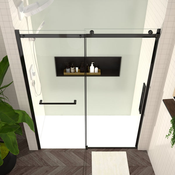 English Elm S-RM6076TB Frameless 56-60" x 76" Sliding Shower Door, 8mm Tempered Glass, Matte Black Rollers and Towel Bar W1865P189853