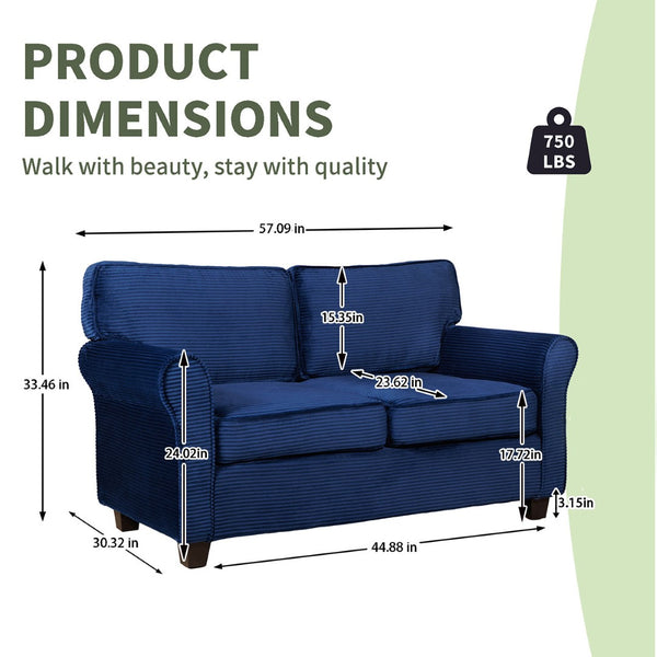 English Elm 57" Corduroy Two Seater Sofa Removable Cushions Solid Wood Frame Compact Living Room Blue W2715P433632
