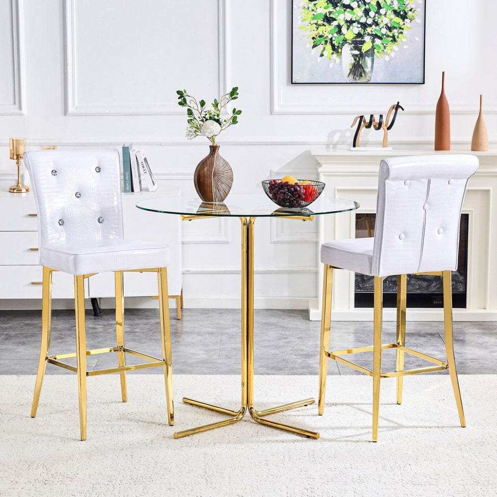 English Elm A Set of 2 Crocodile Embossed Pvc Barstools with Crystal Clasp Detail for Home Bars White W3875P383108