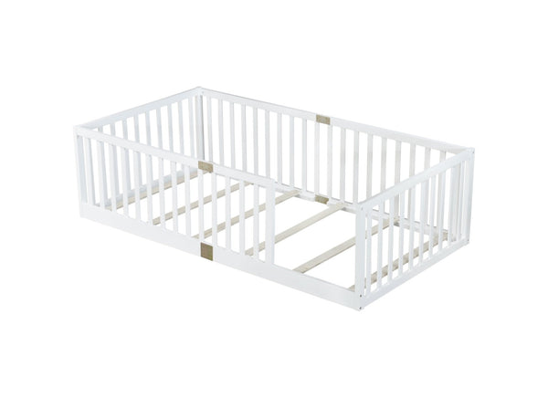 English Elm Twin House Frame Floor Bed Rubberwood with Roof Canopy and Safety Rails for Kids White W504P429530
