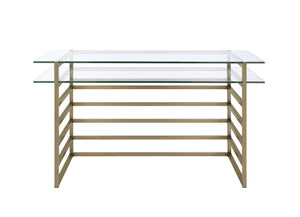 English Elm Shona Tempered Glass Writing Desk with Antique Brass Sled Base for Modern Offices B2726P457136