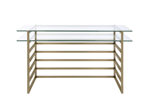 English Elm Shona Tempered Glass Writing Desk with Antique Brass Sled Base for Modern Offices B2726P457136