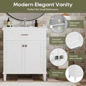 English Elm 30-inch bathroom vanity with ceramic basin, solid wood frame, soft-close doors and adjustable shelves for organized style and lasting durability White N729P173380K