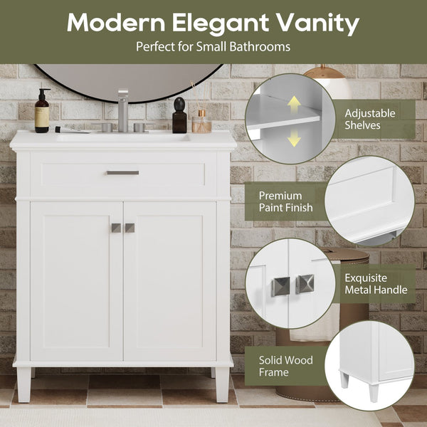 English Elm 30-inch bathroom vanity with ceramic basin, solid wood frame, soft-close doors and adjustable shelves for organized style and lasting durability White N729P173380K