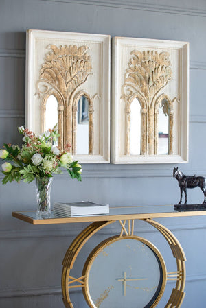 English Elm 20.1x2x29.9" Mid-Century Wall Mirror Set with Washed White & Gold Leaf Accents for Entryway Elegance W2078P318403