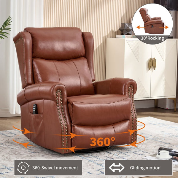 English Elm Heat Massage Rocker Recliner Genuine Leather Swivel Chair with Lumbar Vibration Nodes W3224S00016