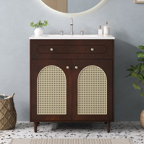 English Elm 30" Rattan Front Bathroom Vanity Solid Pine Cabinet with Ceramic Sink and Adjustable Shelf Walnut N710P293988P