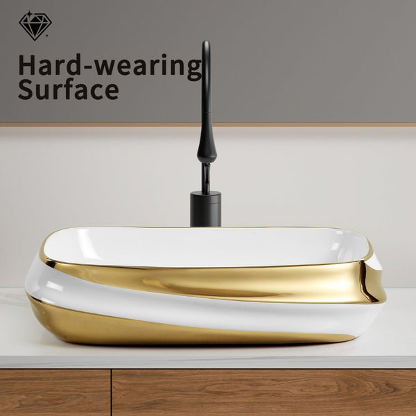 English Elm 24x17" Ceramic Vessel Sink Gold Rim Above Counter Vanity Basin for Modern Bathrooms W3402P435606