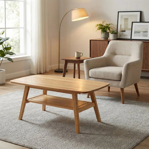 English Elm Mid Century Modern Solid Oak Two Tier Coffee Table with Open Shelf for Living Room Wood W3204P469106