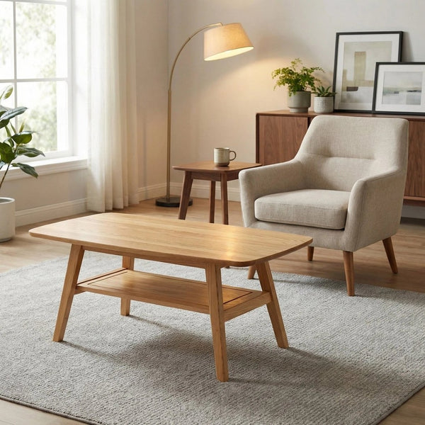 English Elm Mid Century Modern Solid Oak Two Tier Coffee Table with Open Shelf for Living Room Wood W3204P469106