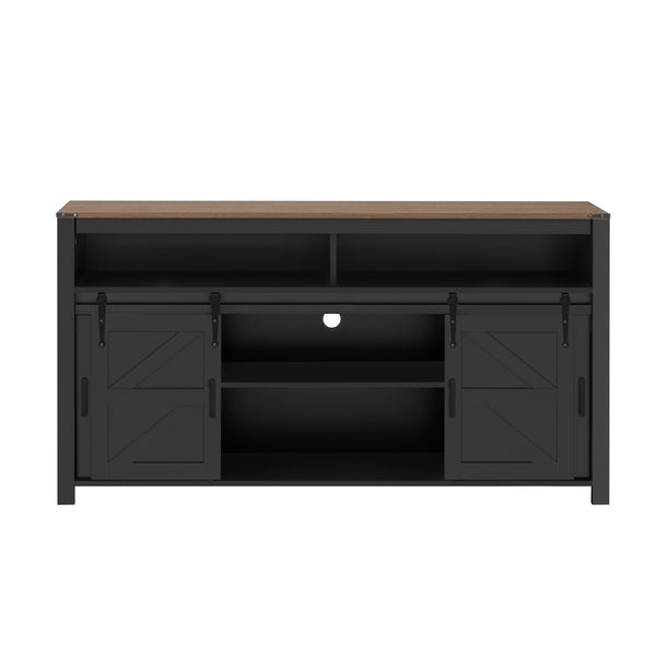 English Elm U_STYLE Farmhouse 59.3" Sideboard with Sliding Barn Doors, Mesh Panels, Open Shelves & Sturdy Top Black N711P347388B