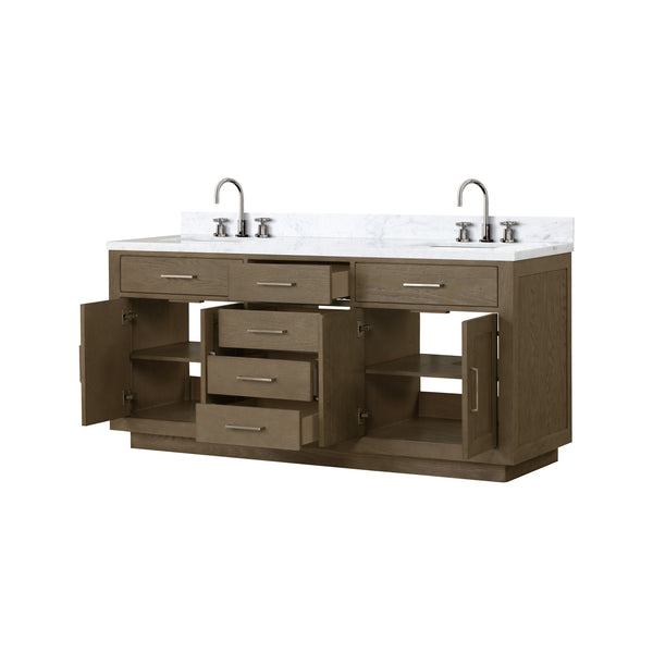 English Elm Grey Oak Double Bath Vanity With Carrara Marble Top & Chrome Faucet Set - 72" W, Stylish Storage Solutions B2731P257786
