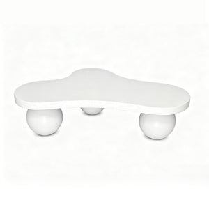 English Elm 46 Inch Cloud Shaped Coffee Table with Ash Veneer Top and Sculptural Sphere Legs White W3935S00007