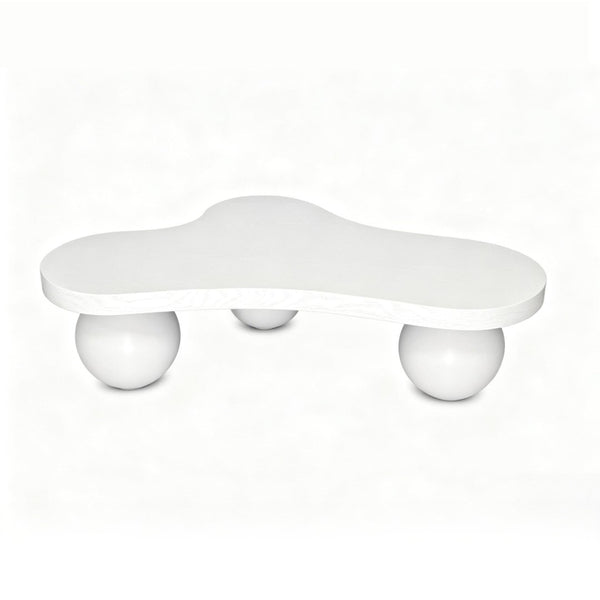 English Elm 46 Inch Cloud Shaped Coffee Table with Ash Veneer Top and Sculptural Sphere Legs White W3935S00007