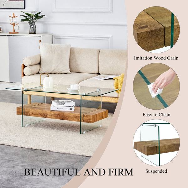 English Elm 40.3-inch Retro Double-Layer Coffee Table with Tempered Glass Shelves, Wood-Grain Finish, 250lb Capacity W1512P317685
